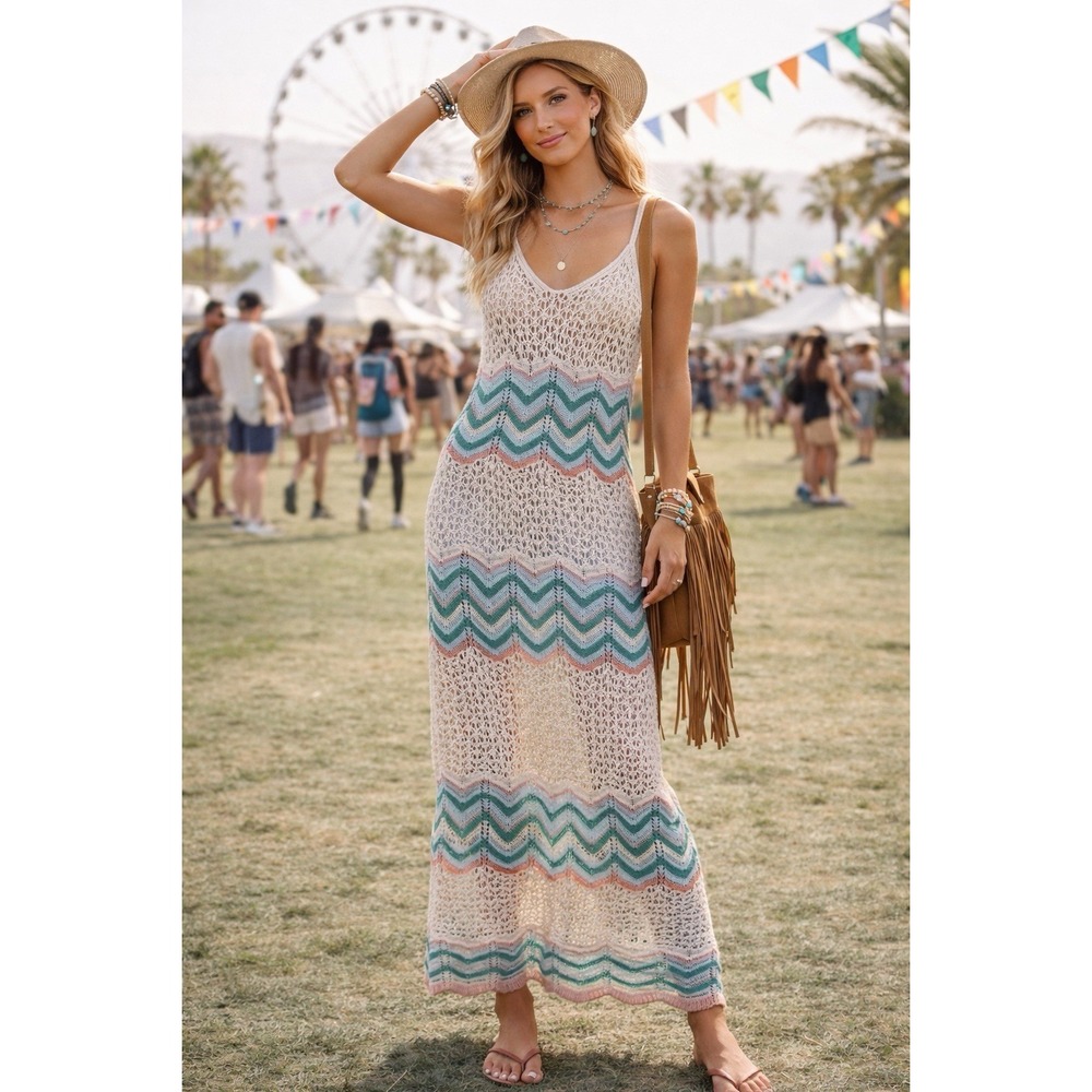 Womens Crochet Midi Dress 1X‎ Chevron Boho Festival Vacation Resort
